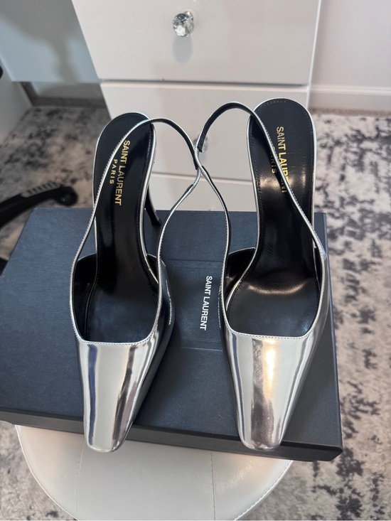Saint Laurent Shoes - Saint Laurent Metallic Silver Slingback Pointed Heels size 39